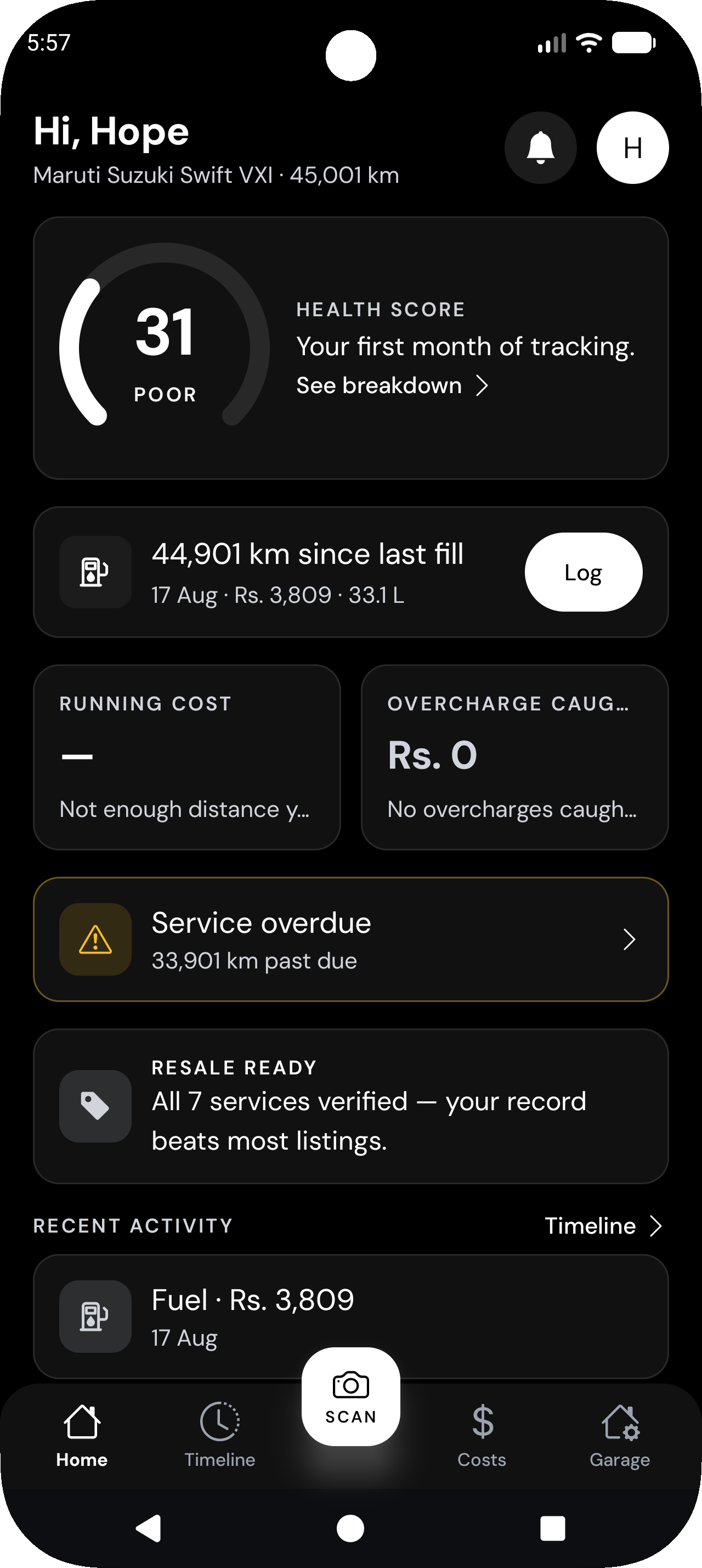Odo home — health score, running cost and what needs attention