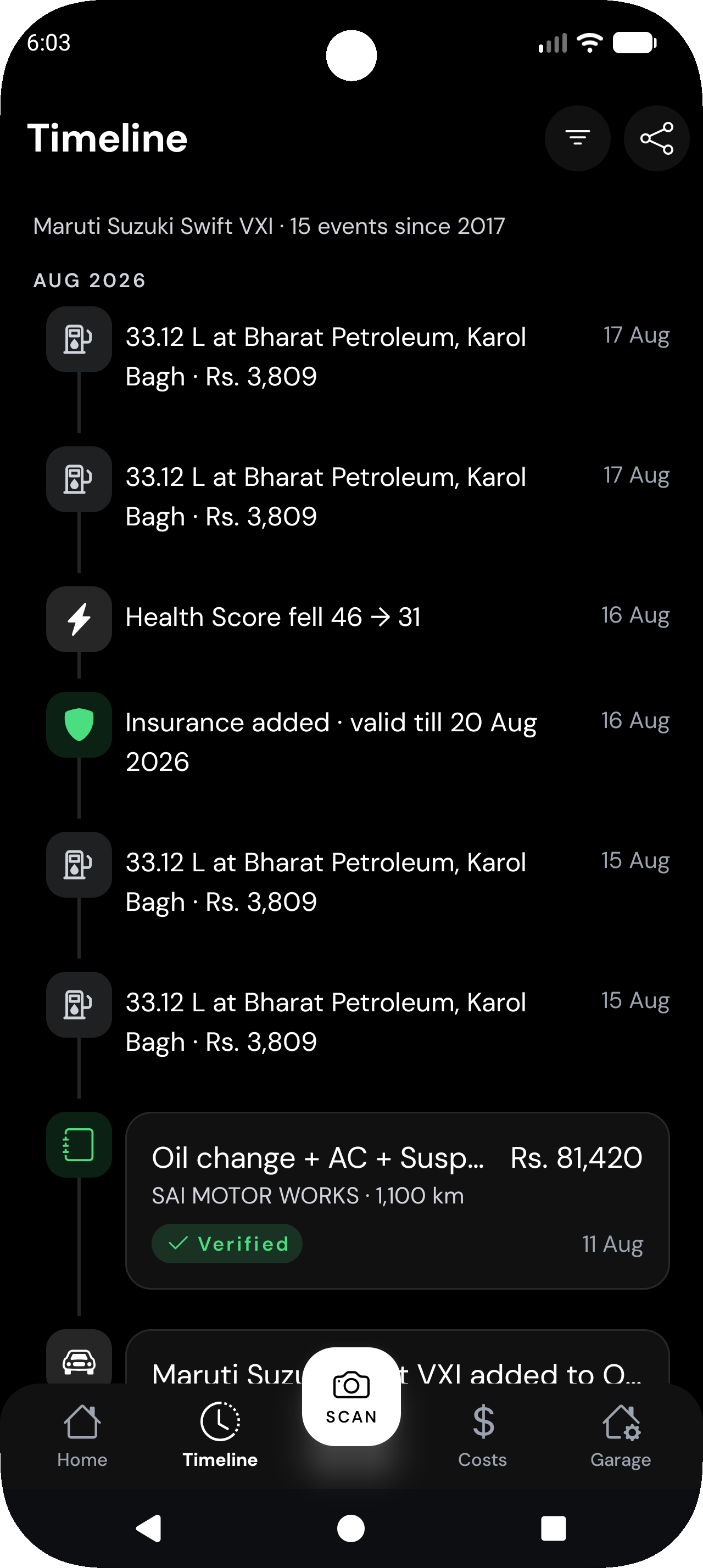 Timeline — every fill, service and renewal, verified